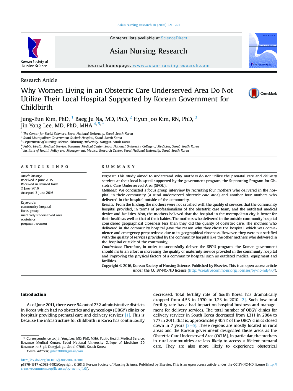 Why Women Living in an Obstetric Care Underserved Area Do Not Utilize Their Local Hospital Supported by Korean Government for Childbirth