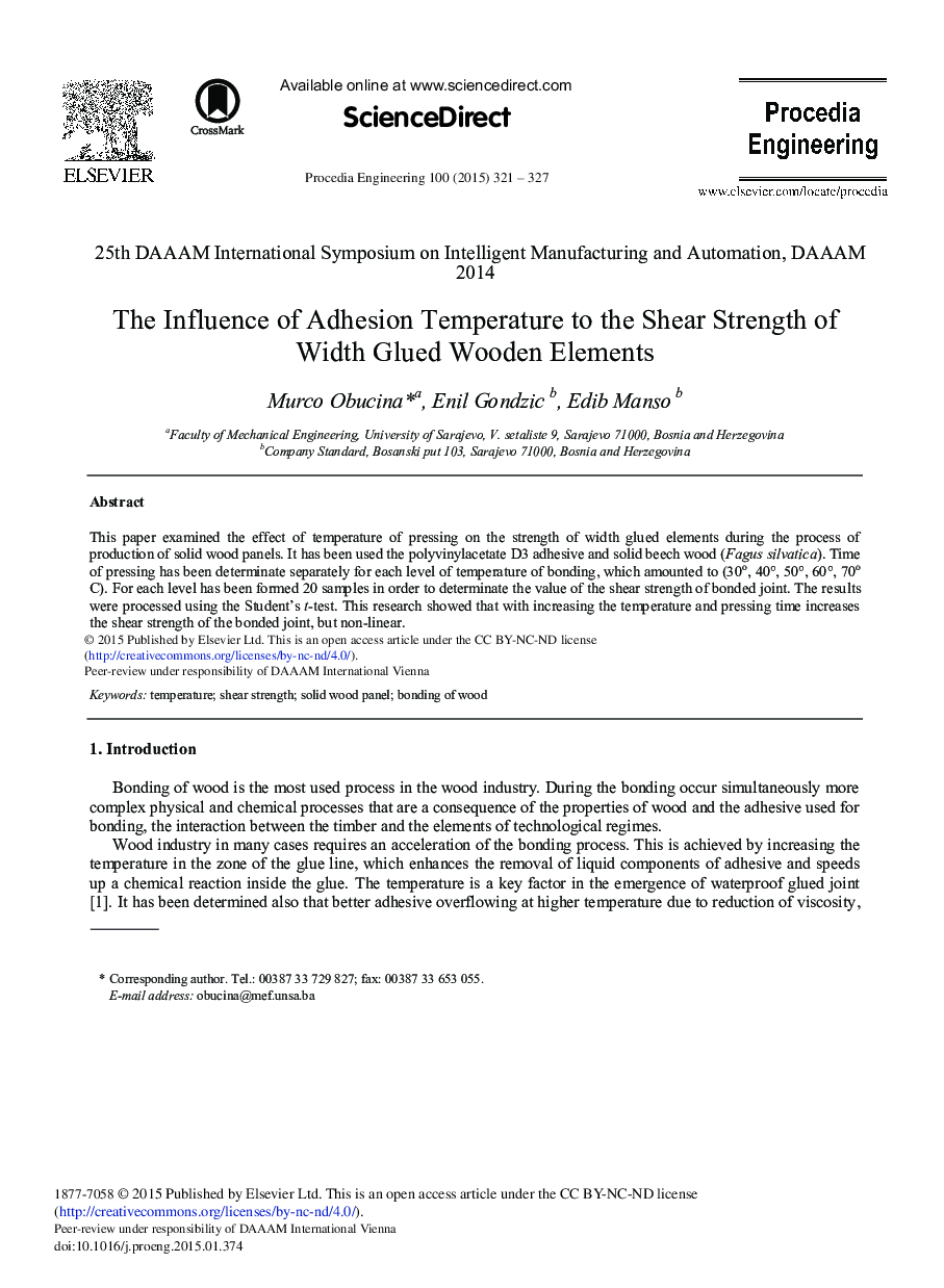 The Influence of Adhesion Temperature to the Shear Strength of Width Glued Wooden Elements 