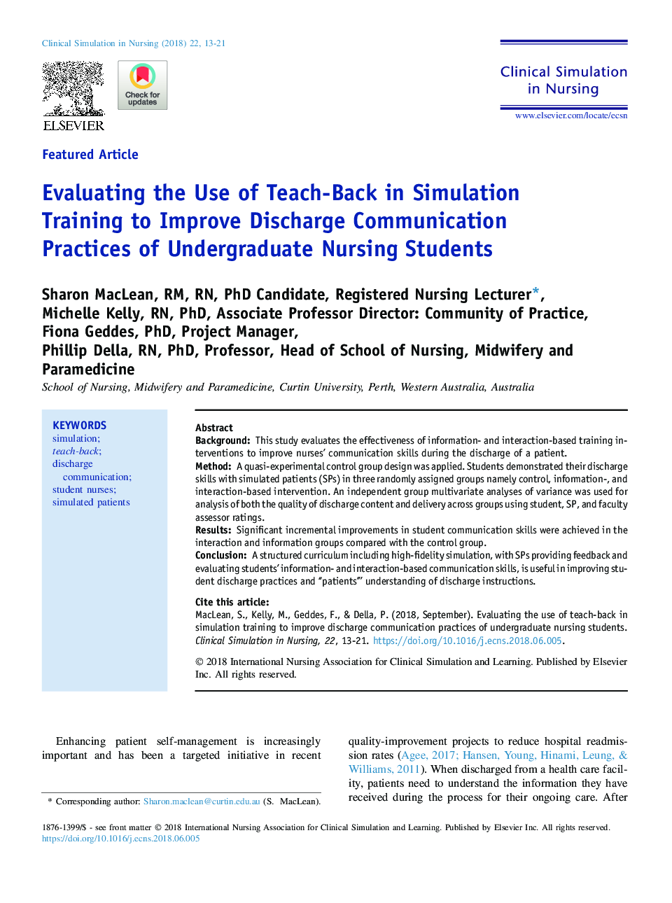 Evaluating the Use of Teach-Back in Simulation Training to Improve Discharge Communication Practices of Undergraduate Nursing Students