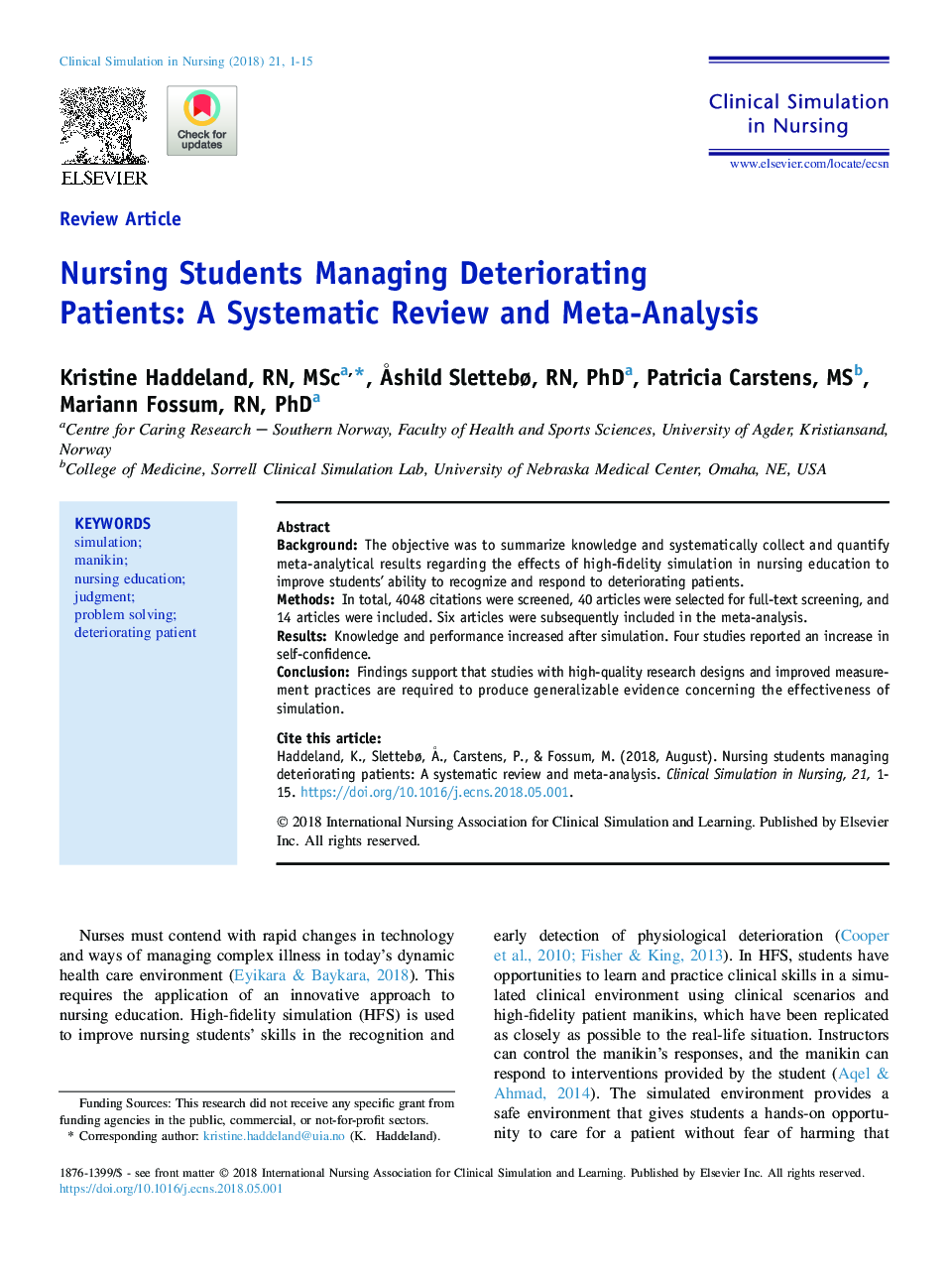 Nursing Students Managing Deteriorating Patients: A Systematic Review and Meta-Analysis