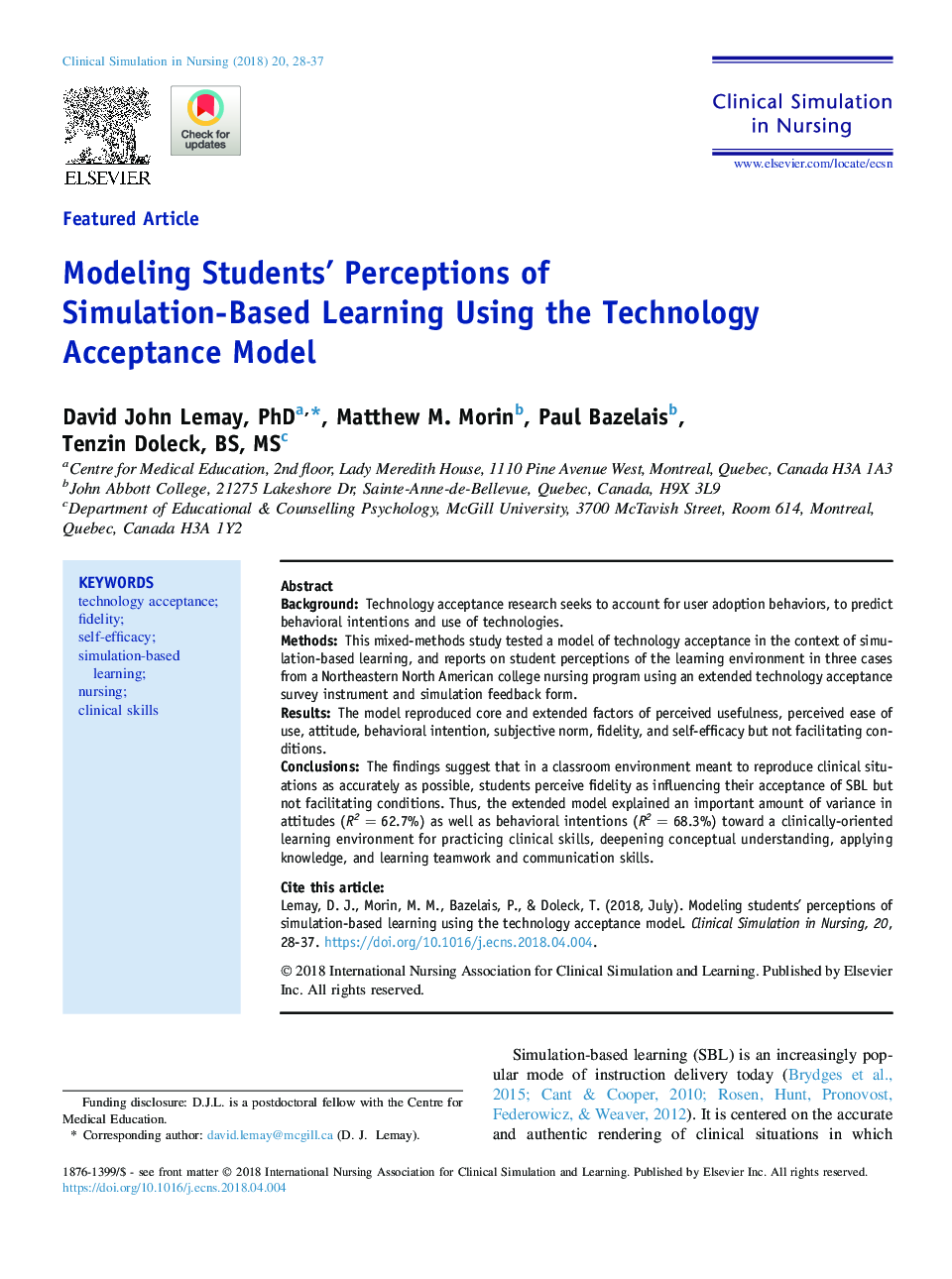 Modeling Students' Perceptions of Simulation-Based Learning Using the Technology Acceptance Model