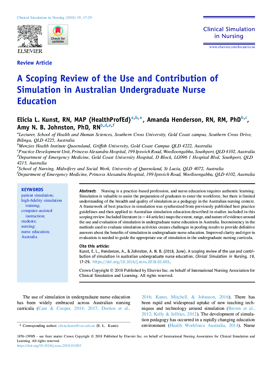 A Scoping Review of the Use and Contribution of Simulation in Australian Undergraduate Nurse Education