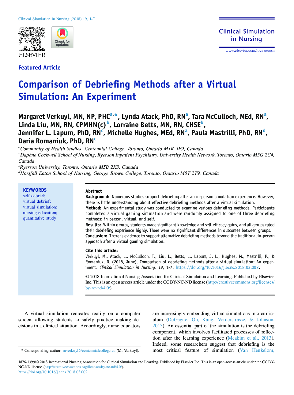 Comparison of Debriefing Methods after a Virtual Simulation: An Experiment