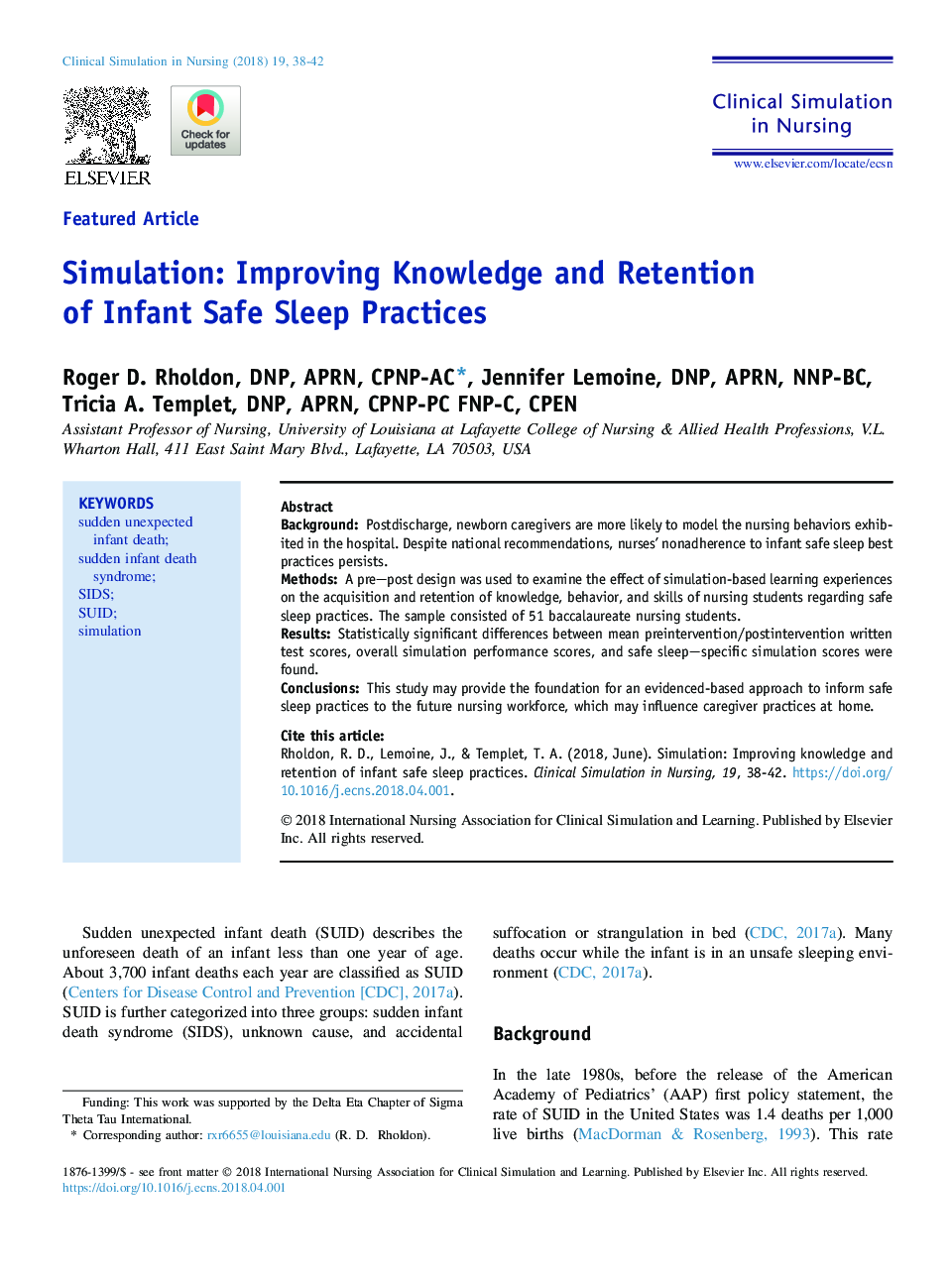 Simulation: Improving Knowledge and Retention of Infant Safe Sleep Practices