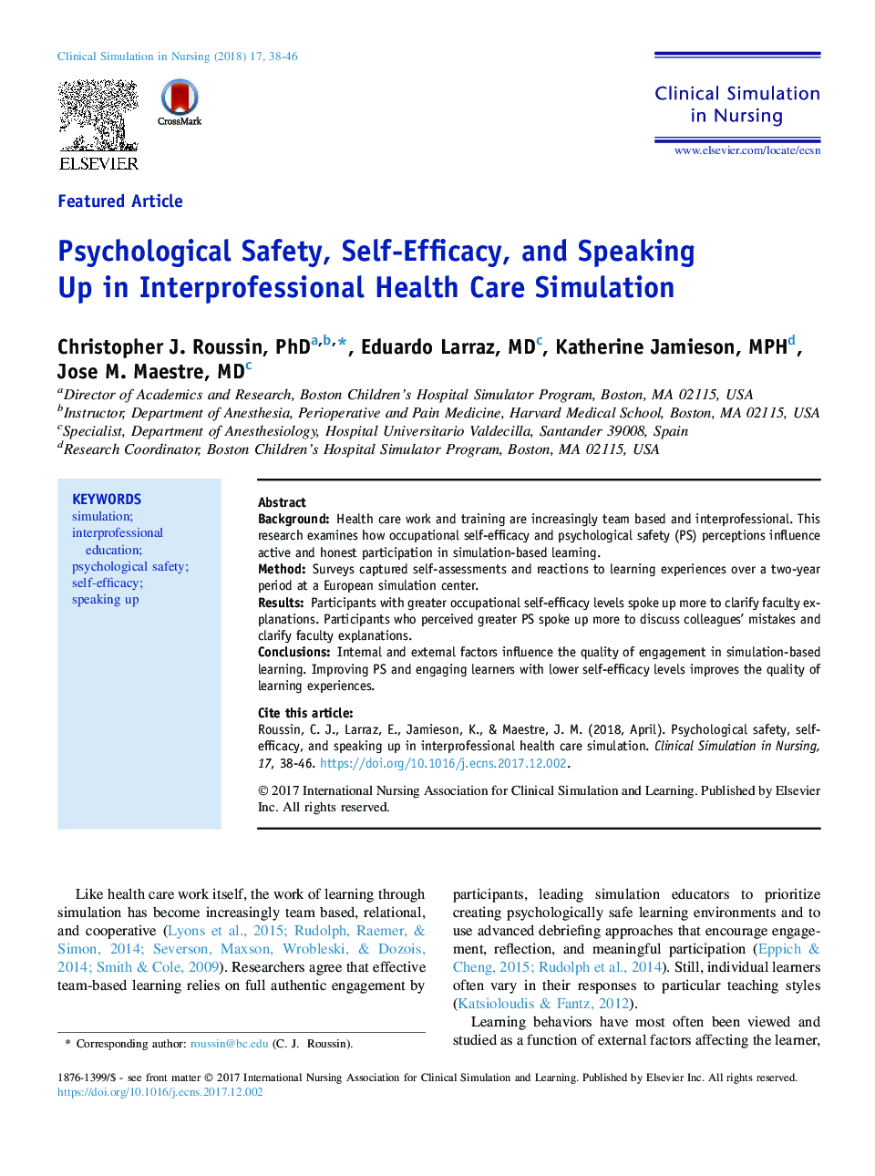 Psychological Safety, Self-Efficacy, and Speaking Up in Interprofessional Health Care Simulation