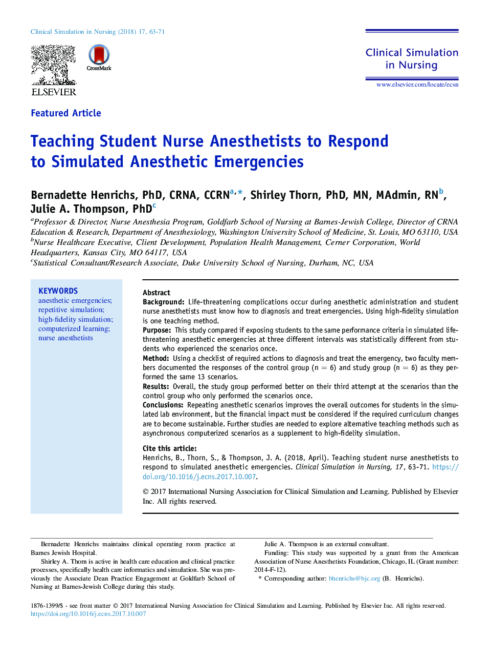 Teaching Student Nurse Anesthetists to Respond to Simulated Anesthetic Emergencies