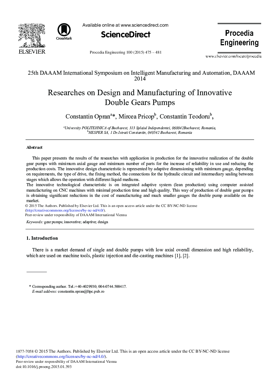 Researches on Design and Manufacturing of Innovative Double Gears Pumps 