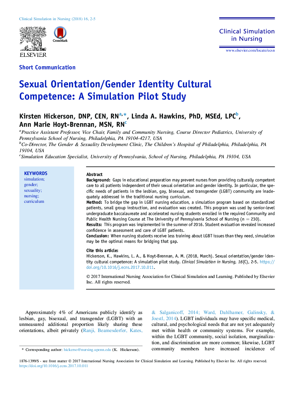 Sexual Orientation/Gender Identity Cultural Competence: A Simulation Pilot Study