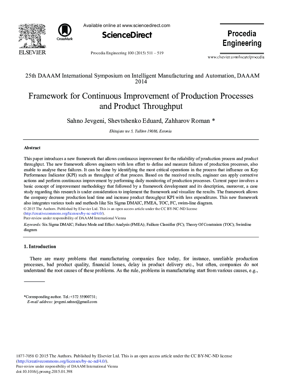 Framework for Continuous Improvement of Production Processes and Product Throughput 