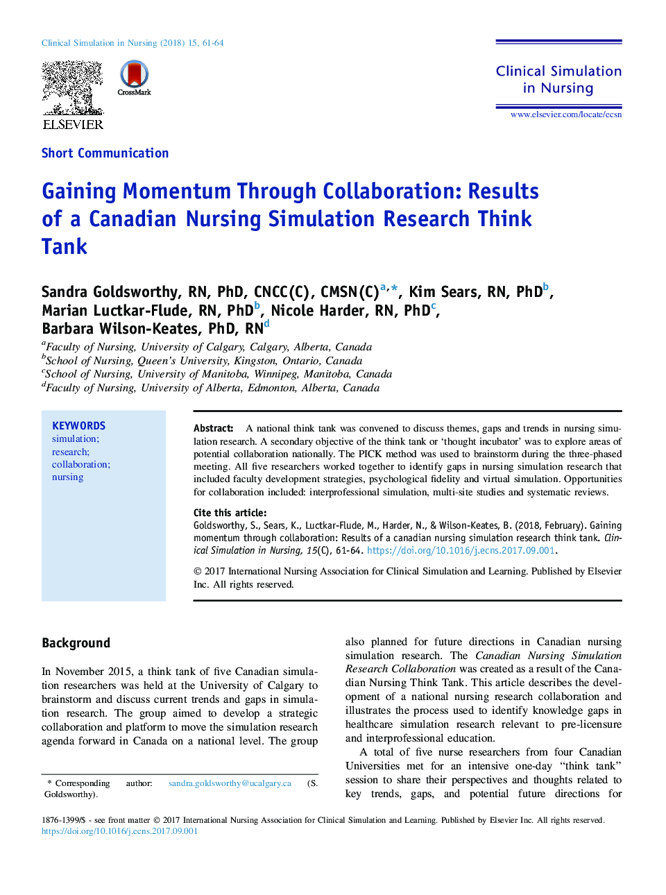 Gaining Momentum Through Collaboration: Results of a Canadian Nursing Simulation Research Think Tank