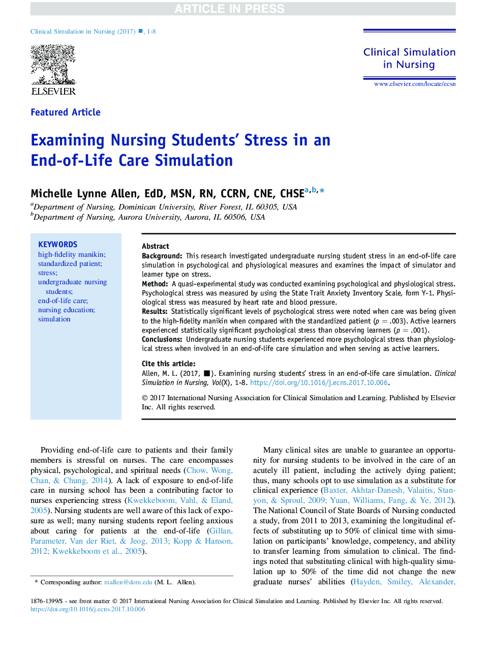 Examining Nursing Students' Stress in an End-of-Life Care Simulation