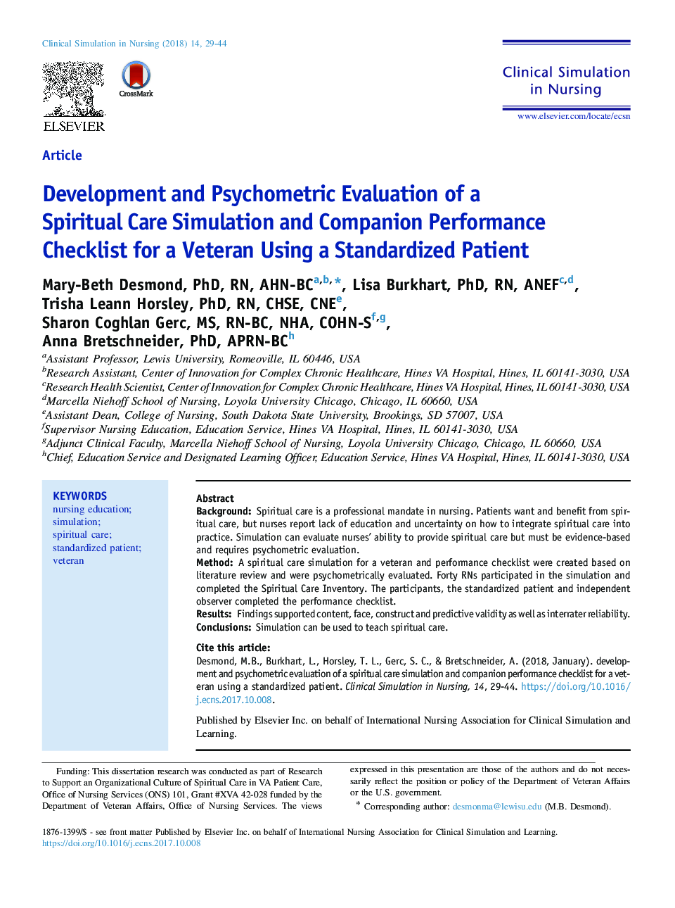 Development and Psychometric Evaluation of a Spiritual Care Simulation and Companion Performance Checklist for a Veteran Using a Standardized Patient
