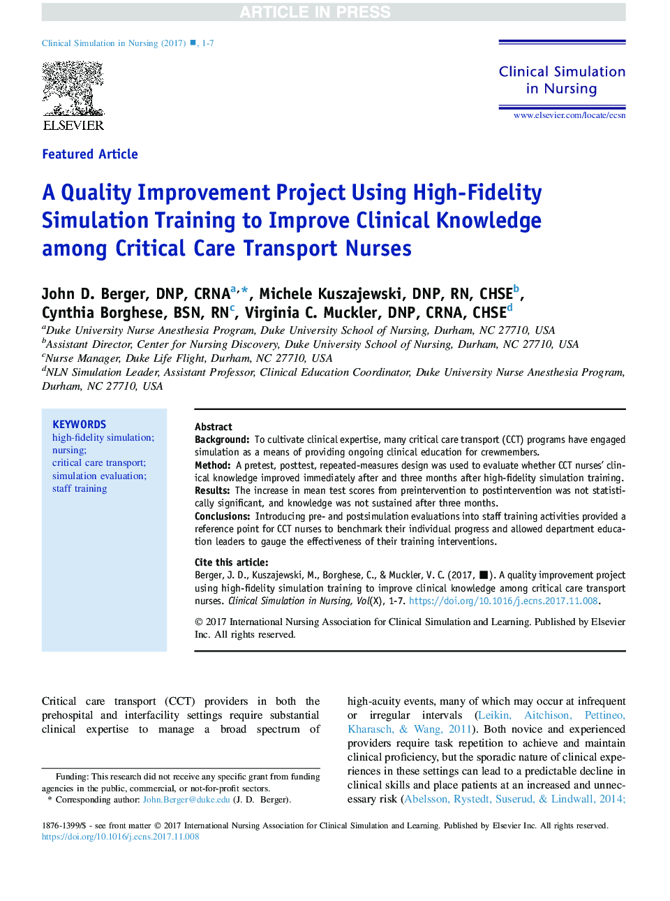 A Quality Improvement Project Using High-Fidelity Simulation Training to Improve Clinical Knowledge among Critical Care Transport Nurses