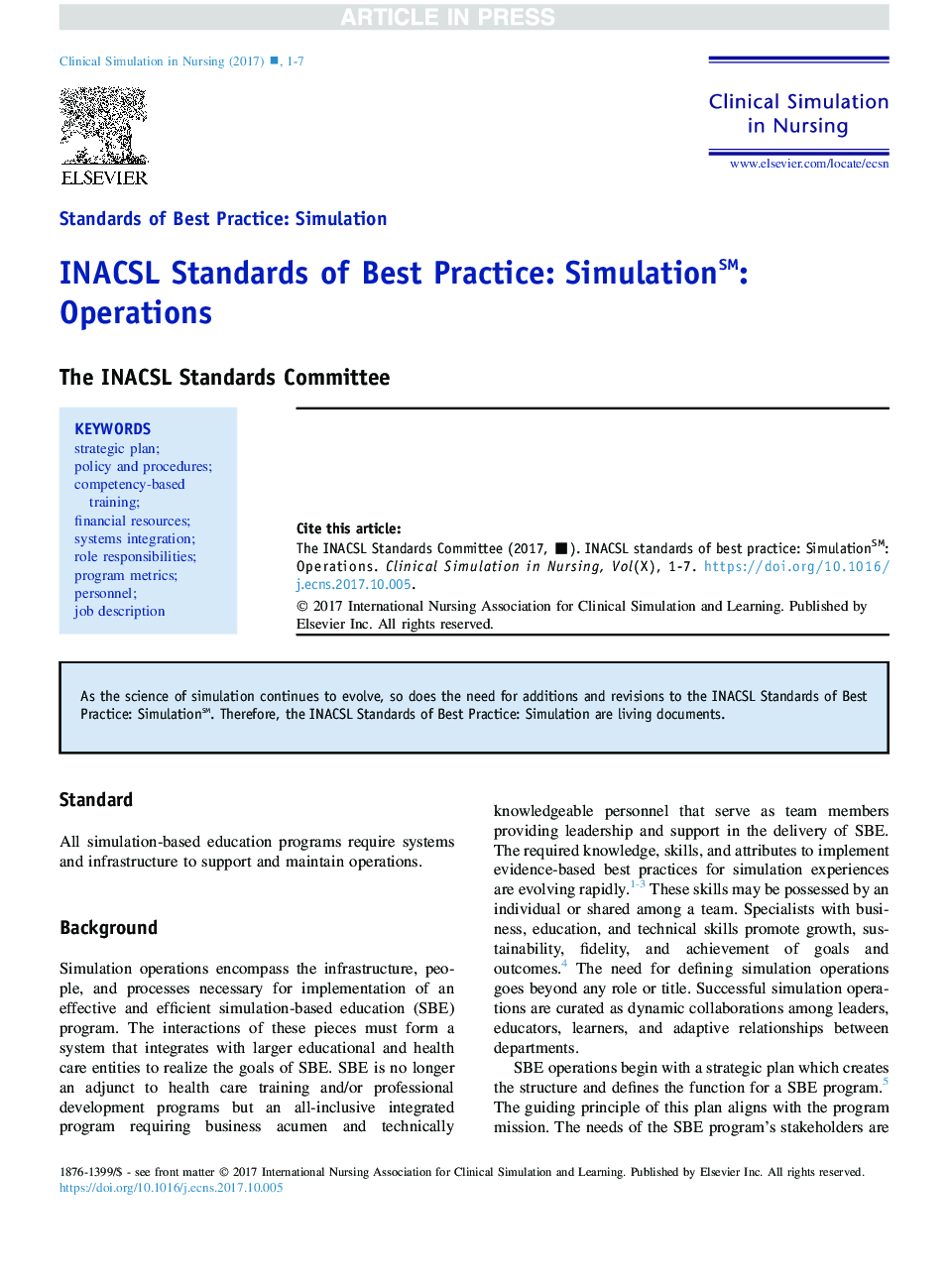 INACSL Standards of Best Practice: Simulationsm: Operations
