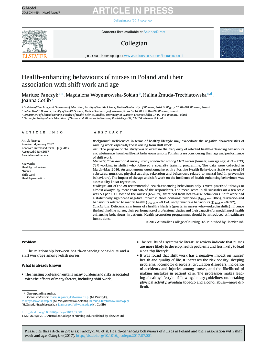 Health-enhancing behaviours of nurses in Poland and their association with shift work and age