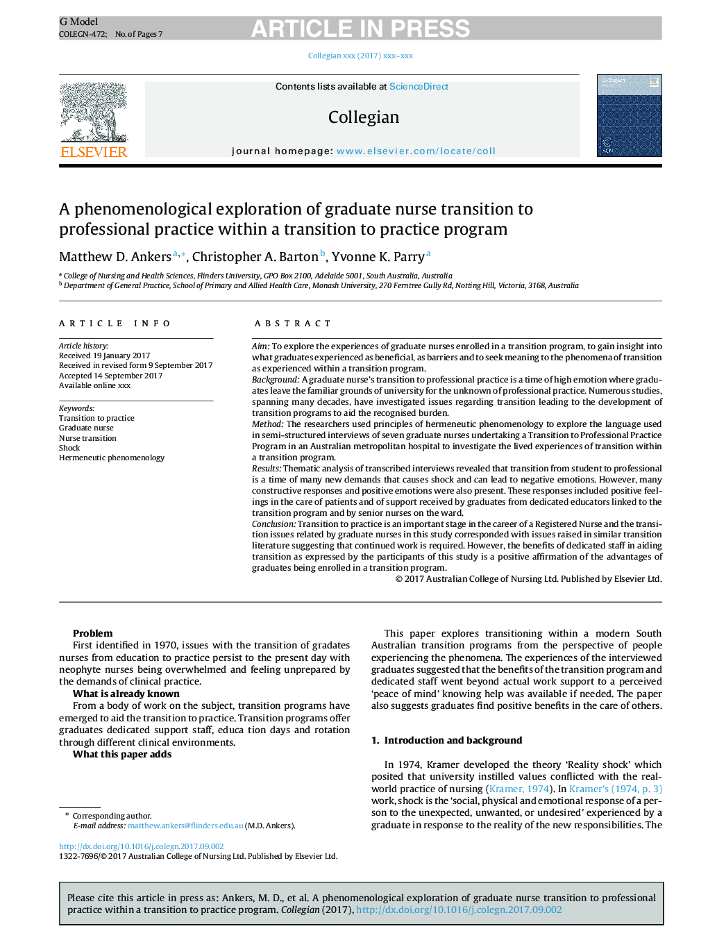 A phenomenological exploration of graduate nurse transition to professional practice within a transition to practice program