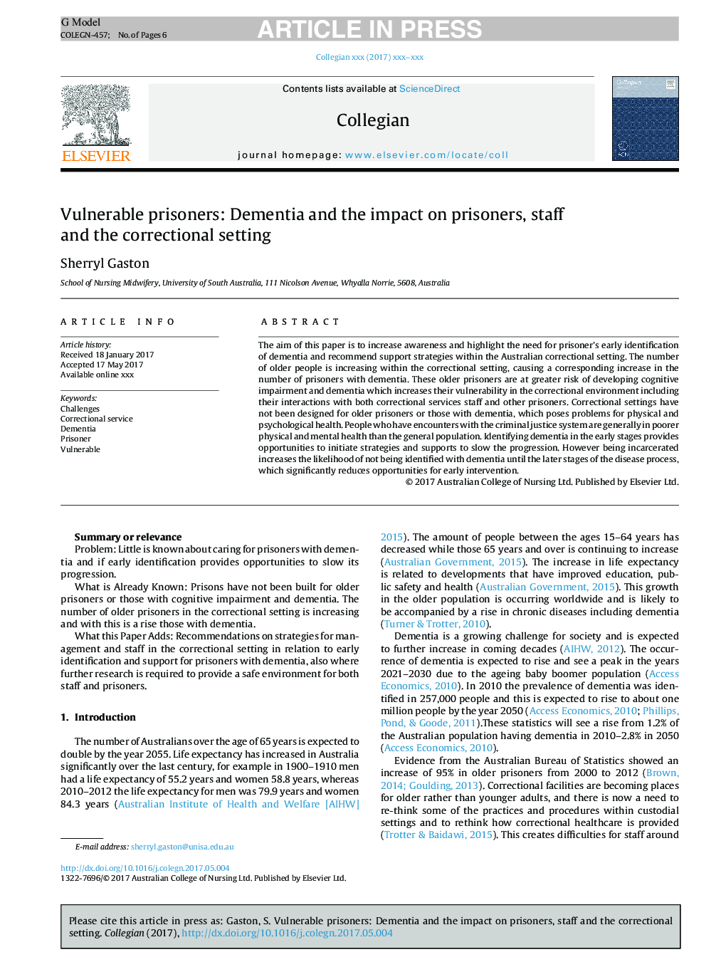 Vulnerable prisoners: Dementia and the impact on prisoners, staff and the correctional setting