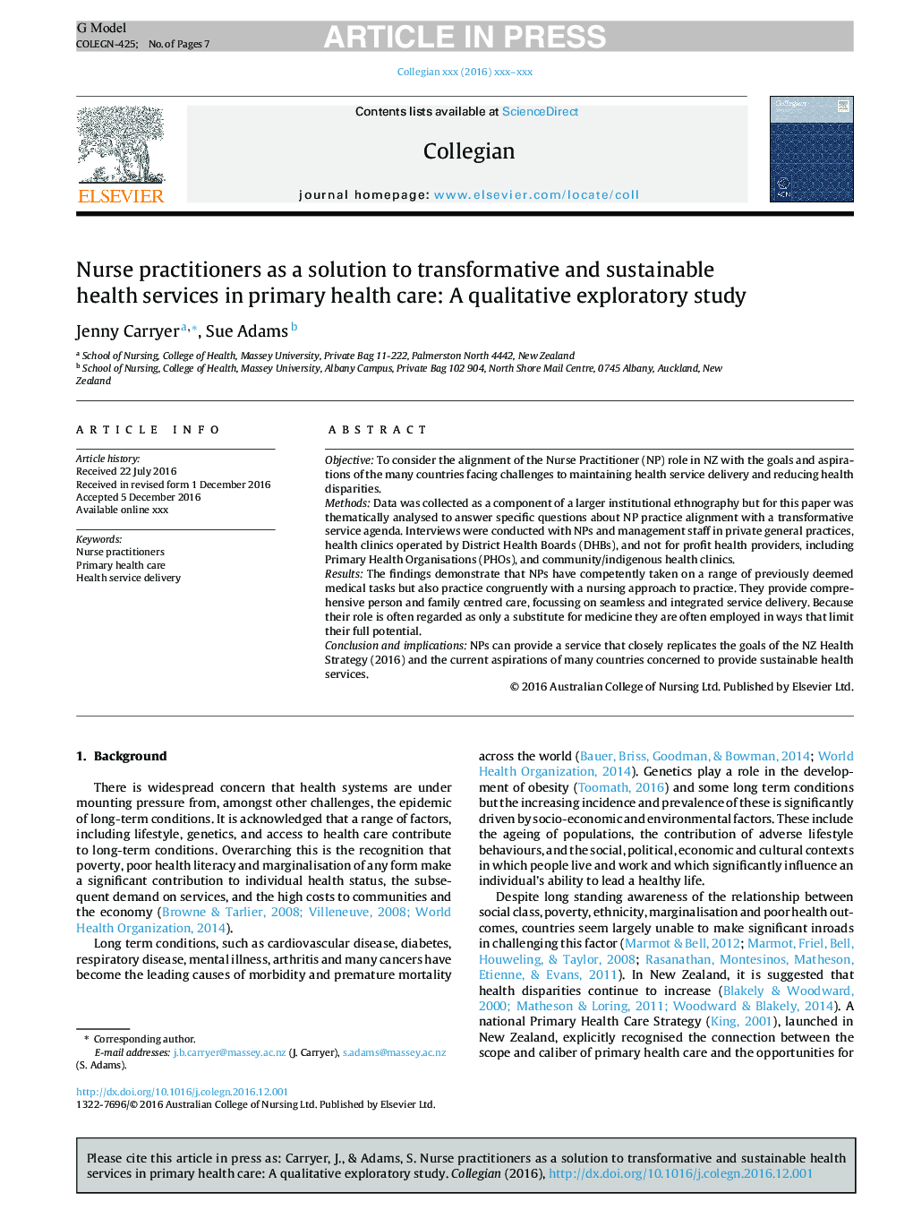 Nurse practitioners as a solution to transformative and sustainable health services in primary health care: A qualitative exploratory study