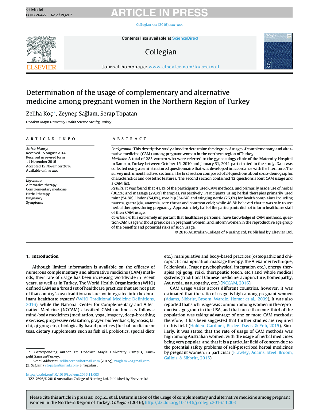 تعیین استفاده از طب مکمل و جایگزین در زنان باردار در منطقه شمال ترکیه 