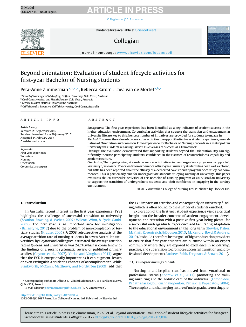 Beyond orientation: Evaluation of student lifecycle activities for first-year Bachelor of Nursing students