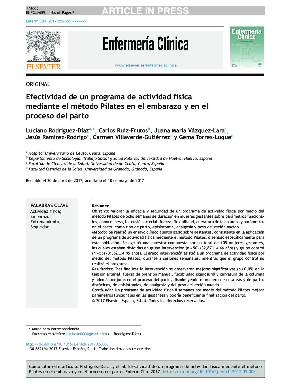 Efectividad de un programa de actividad fÃ­sica mediante el método Pilates en el embarazo y en el proceso del parto