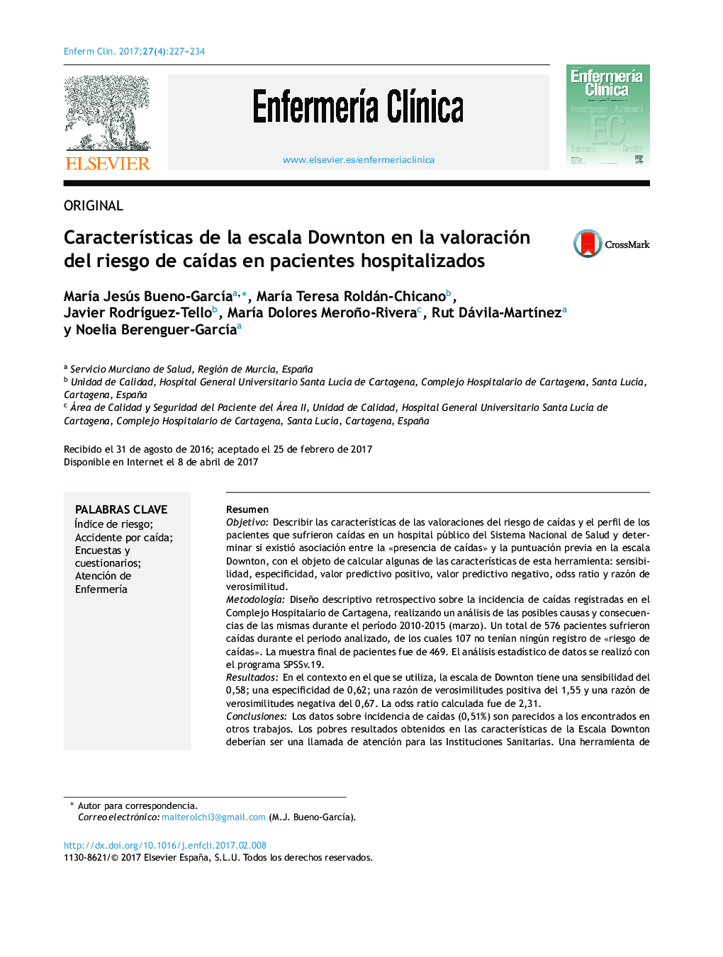 CaracterÃ­sticas de la escala Downton en la valoración del riesgo de caÃ­das en pacientes hospitalizados