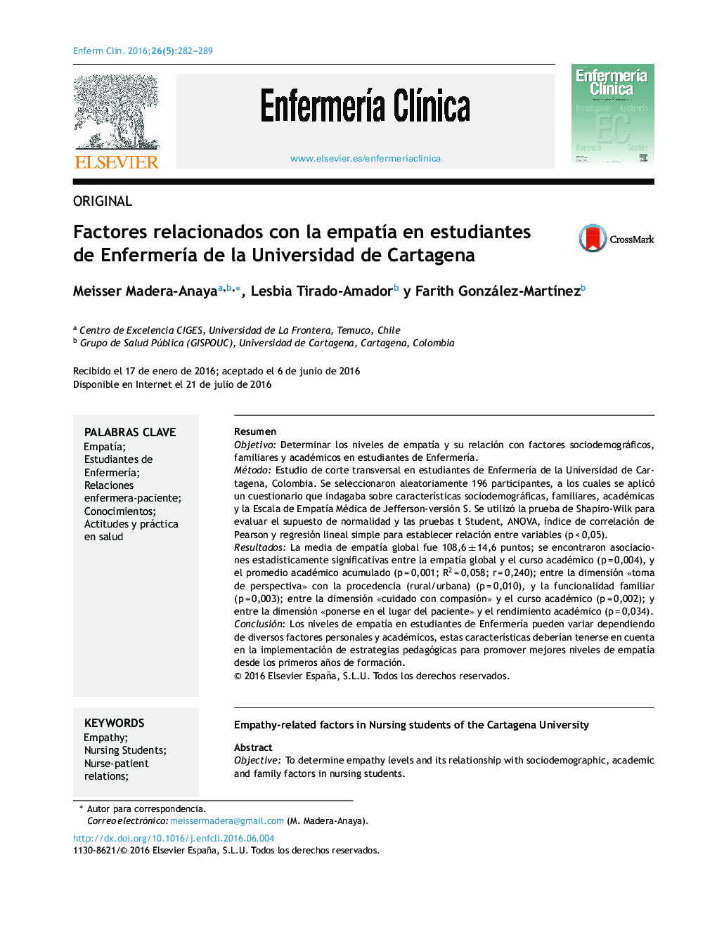 Factores relacionados con la empatÃ­a en estudiantes de EnfermerÃ­a de la Universidad de Cartagena