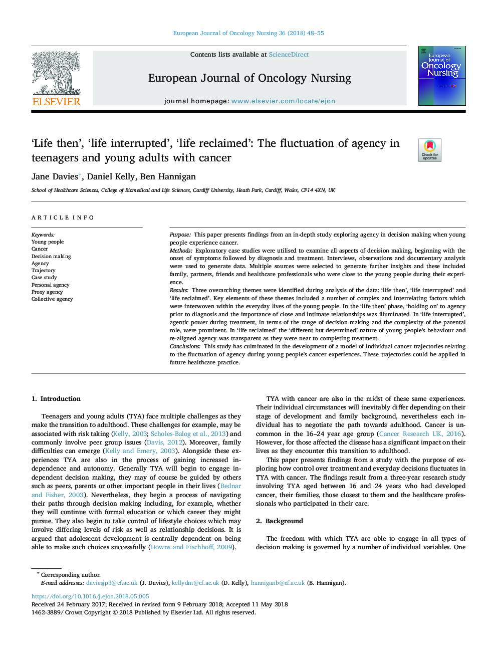 'Life then', 'life interrupted', 'life reclaimed': The fluctuation of agency in teenagers and young adults with cancer