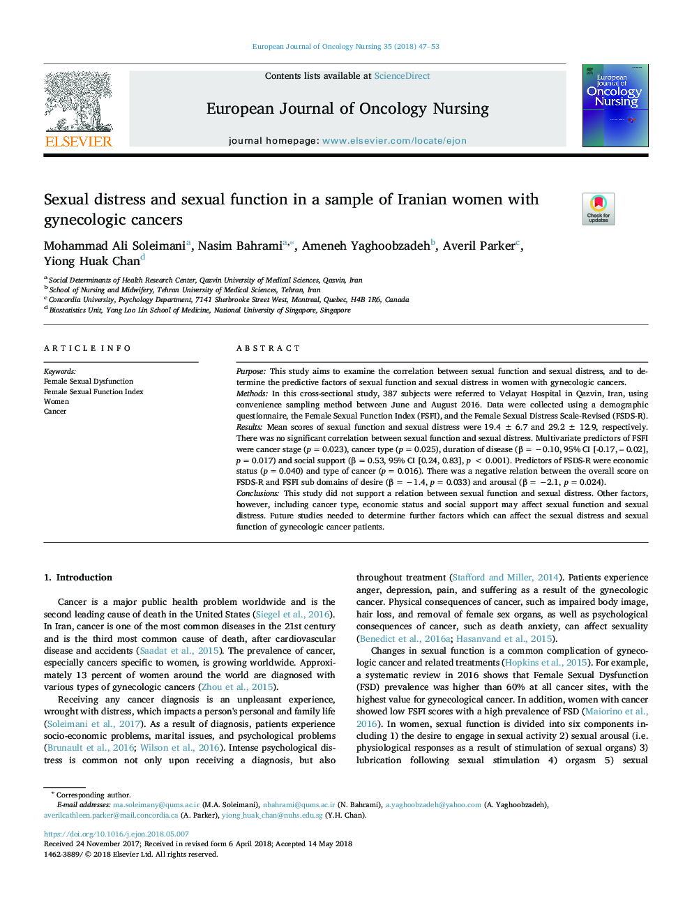 Sexual distress and sexual function in a sample of Iranian women with gynecologic cancers