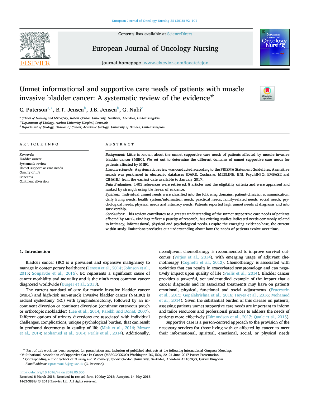 Unmet informational and supportive care needs of patients with muscle invasive bladder cancer: A systematic review of the evidence