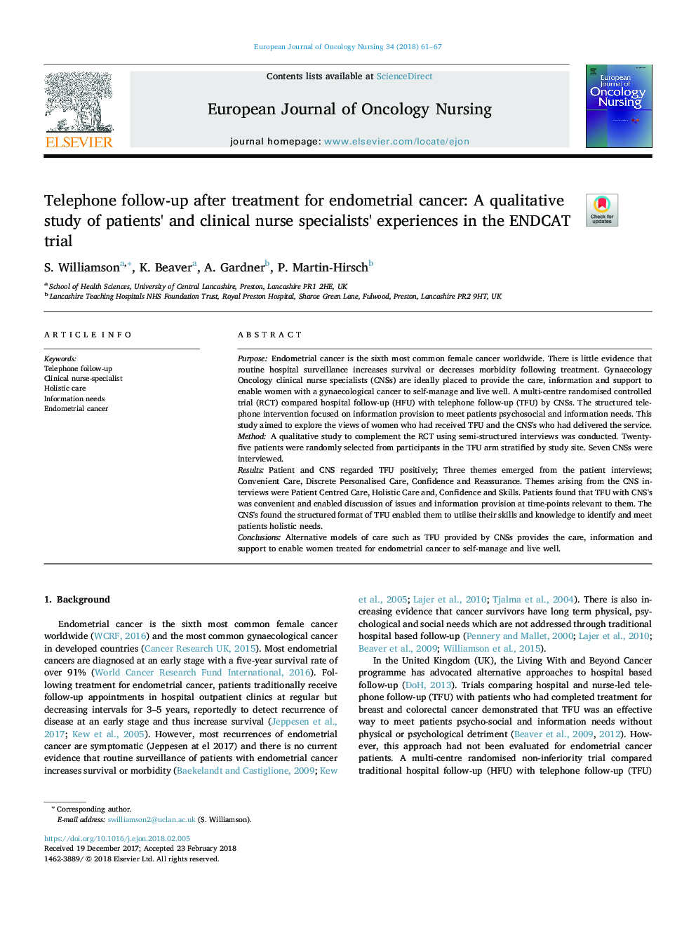 Telephone follow-up after treatment for endometrial cancer: A qualitative study of patients' and clinical nurse specialists' experiences in the ENDCAT trial