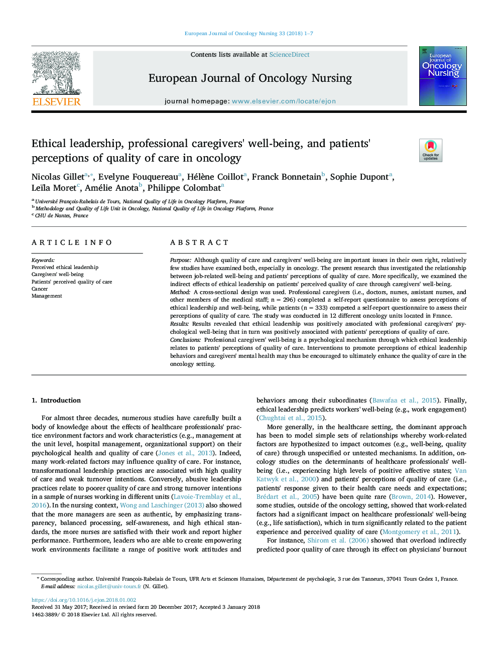 Ethical leadership, professional caregivers' well-being, and patients' perceptions of quality of care in oncology