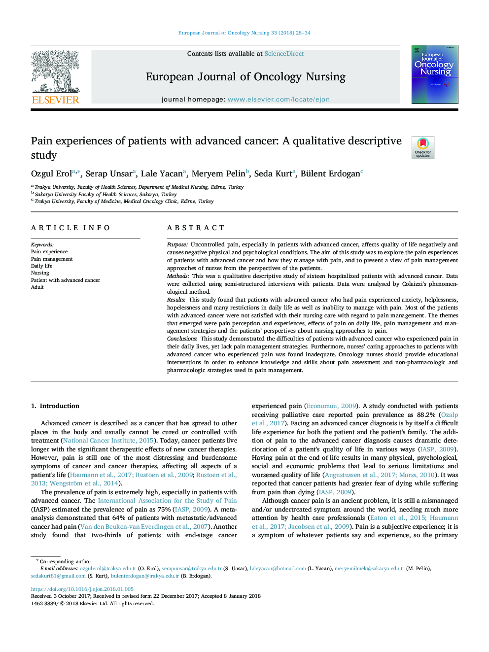 Pain experiences of patients with advanced cancer: A qualitative descriptive study