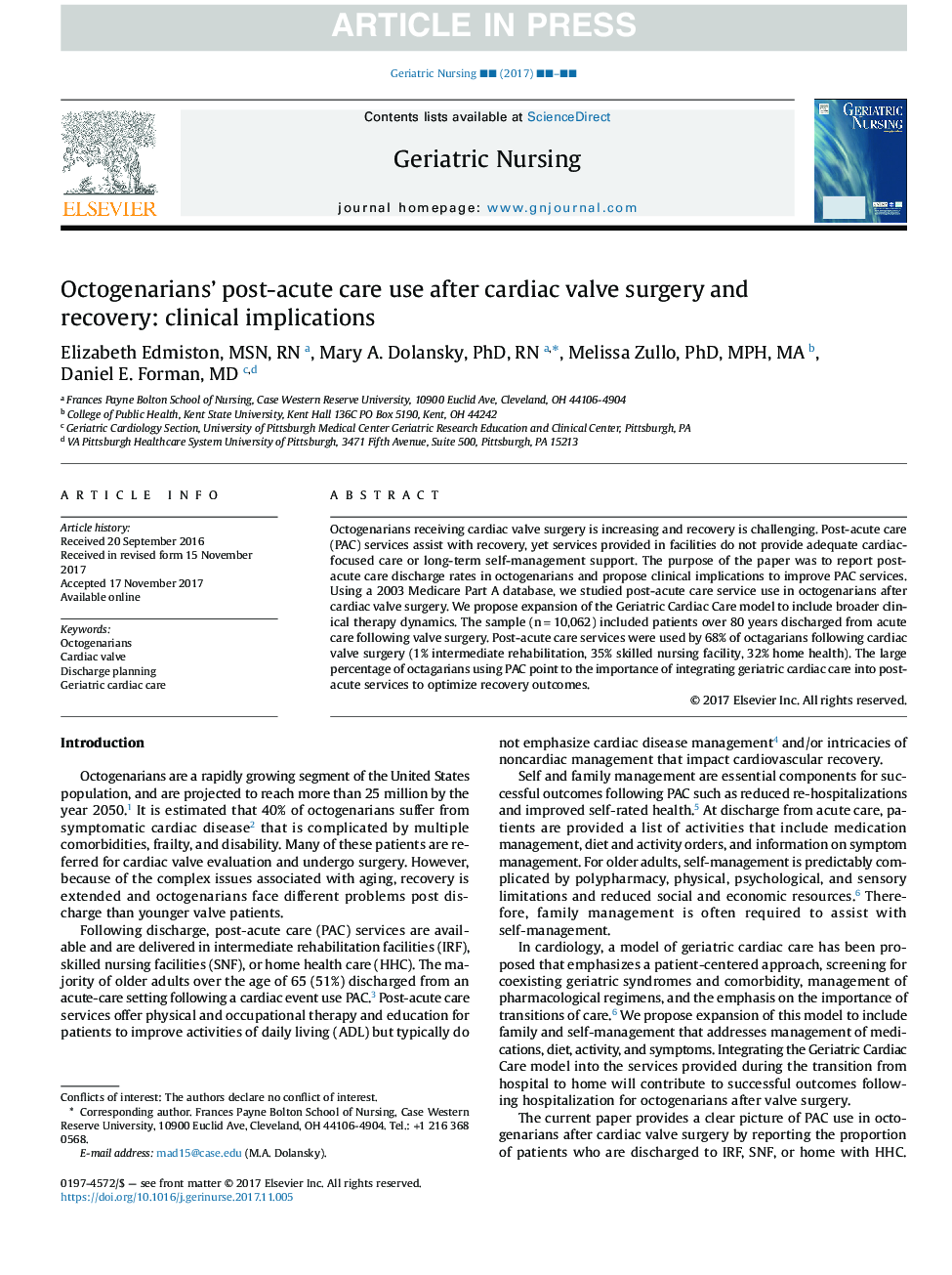 Octogenarians' post-acute care use after cardiac valve surgery and recovery: clinical implications