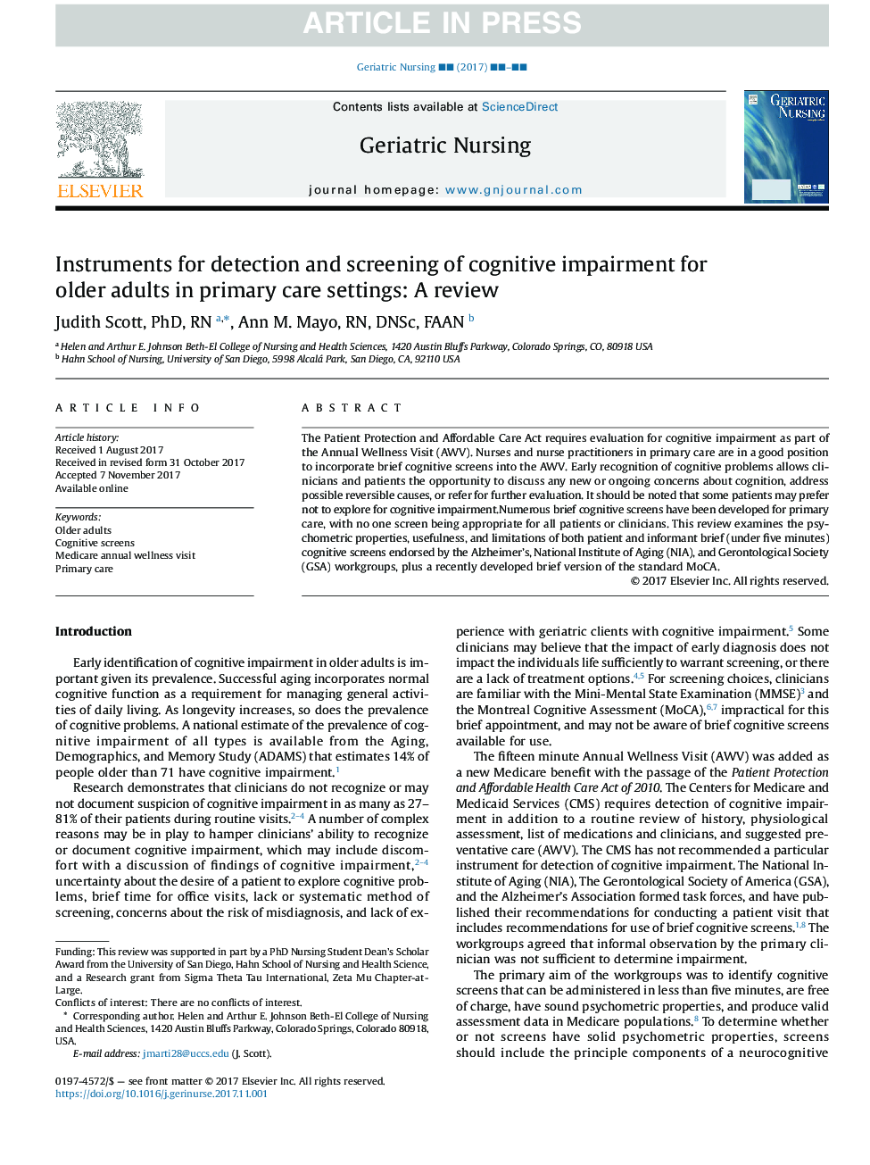 Instruments for detection and screening of cognitive impairment for older adults in primary care settings: A review