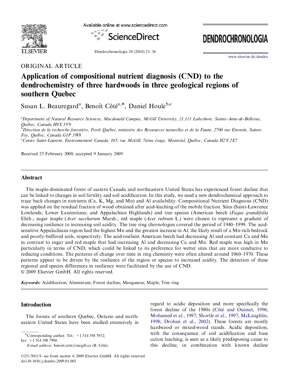 Application of compositional nutrient diagnosis (CND) to the dendrochemistry of three hardwoods in three geological regions of southern Quebec