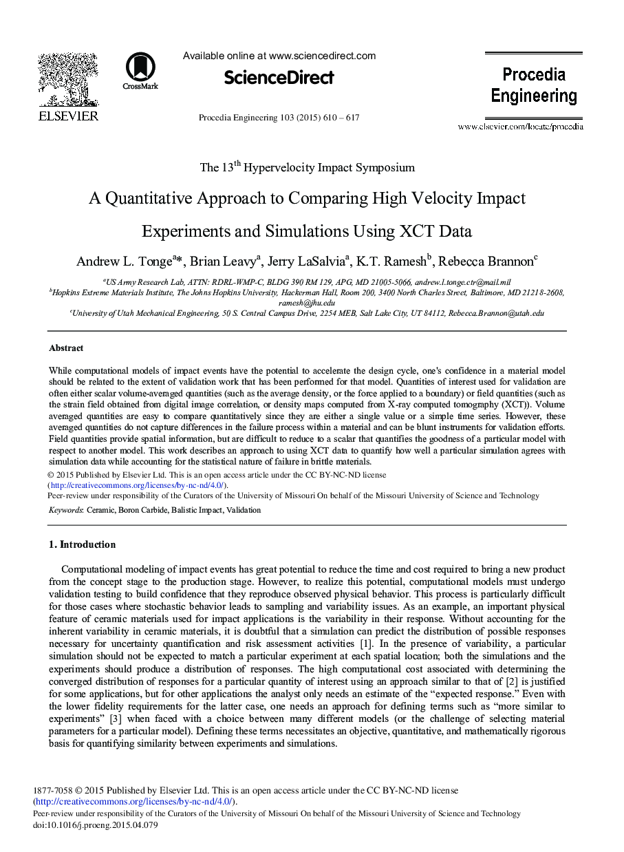 A Quantitative Approach to Comparing High Velocity Impact Experiments and Simulations Using XCT Data 