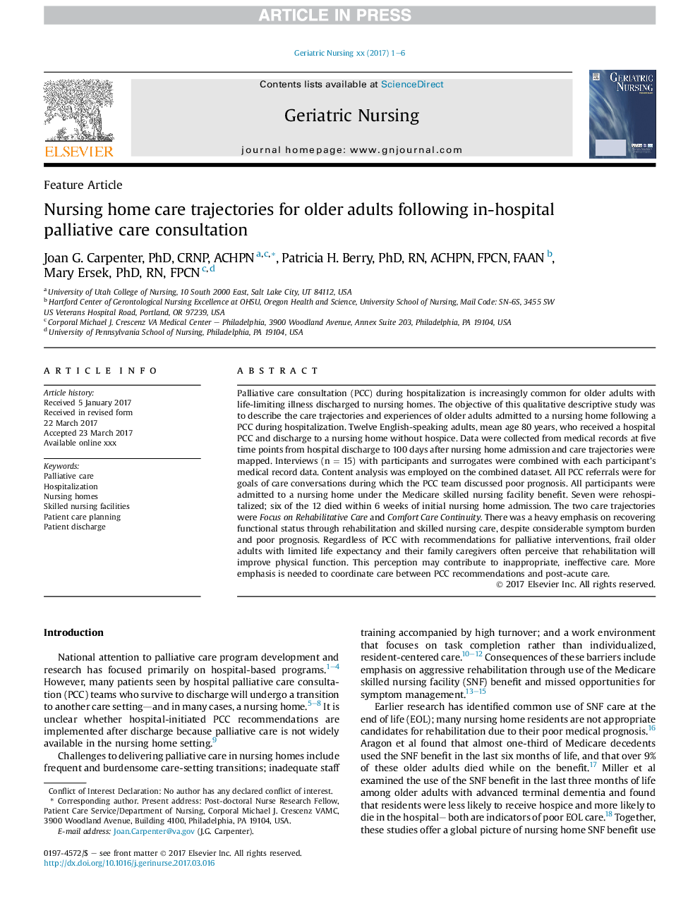 Nursing home care trajectories for older adults following in-hospital palliative care consultation