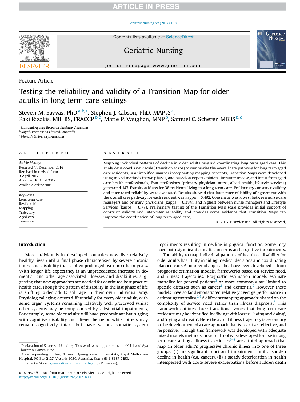 Testing the reliability and validity of a Transition Map for older adults in long term care settings