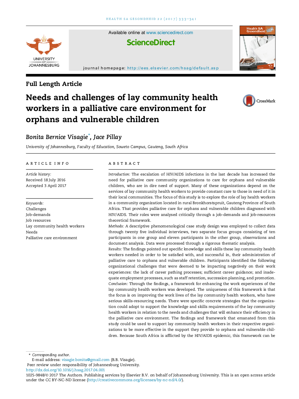 Needs and challenges of lay community health workers in a palliative care environment for orphans and vulnerable children