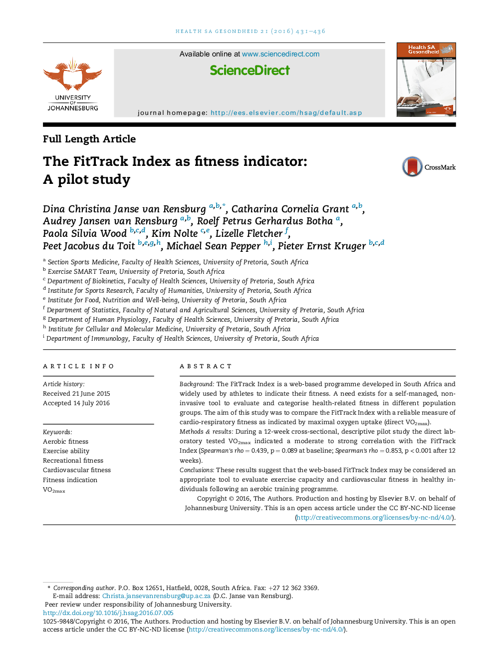 The FitTrack Index as fitness indicator: AÂ pilotÂ study