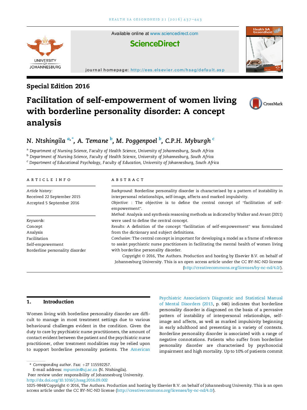 Facilitation of self-empowerment of women living with borderline personality disorder: A concept analysis