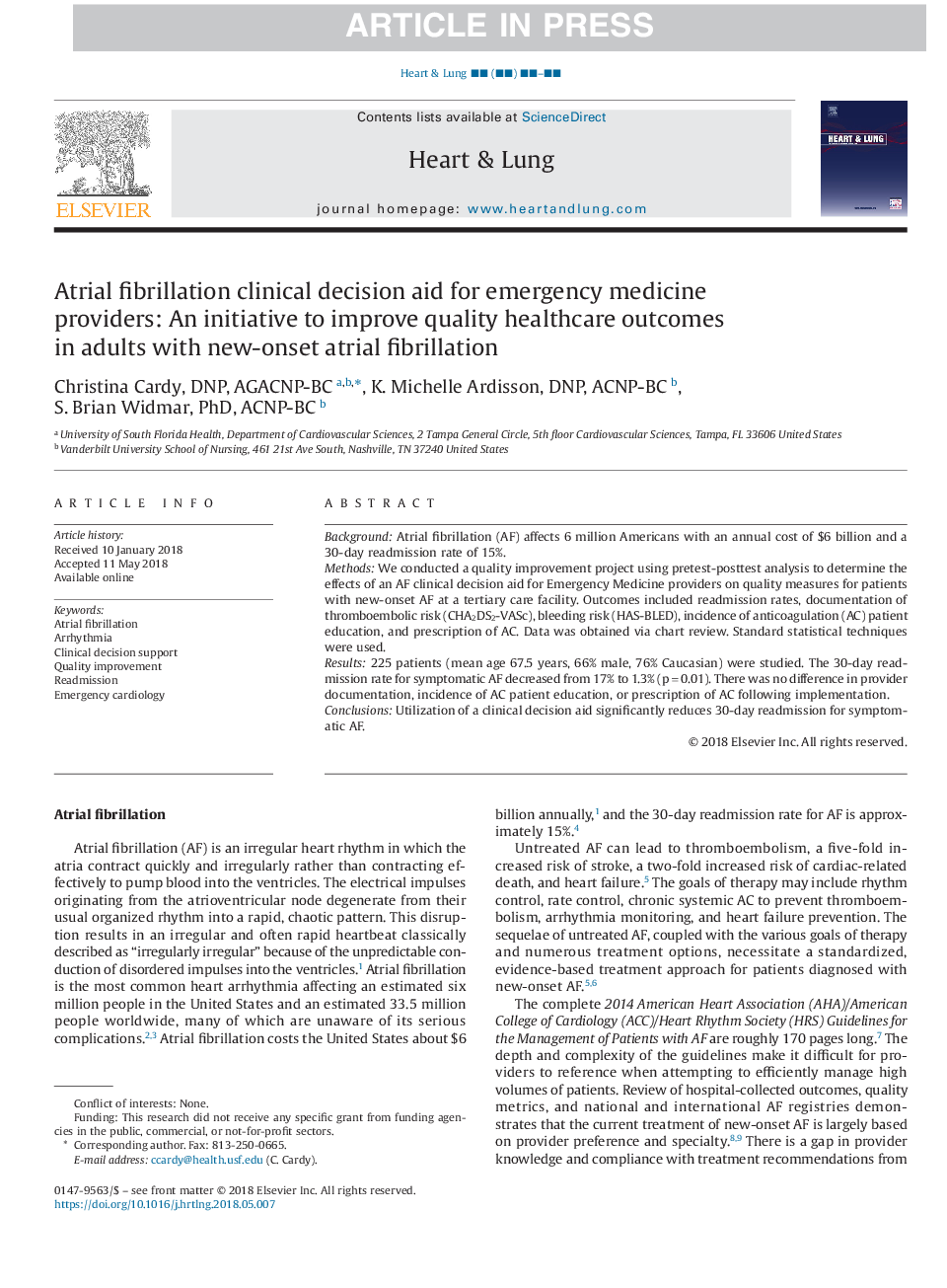 Atrial fibrillation clinical decision aid for emergency medicine providers: An initiative to improve quality healthcare outcomes in adults with new-onset atrial fibrillation