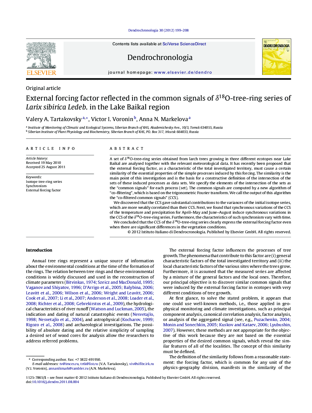 External forcing factor reflected in the common signals of Î´18O-tree-ring series of Larix sibirica Ledeb. in the Lake Baikal region