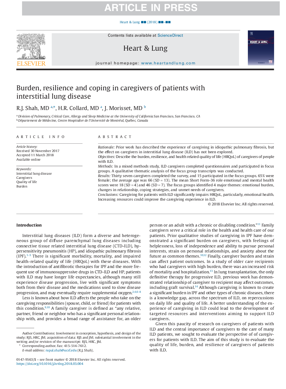 Burden, resilience and coping in caregivers of patients with interstitial lung disease