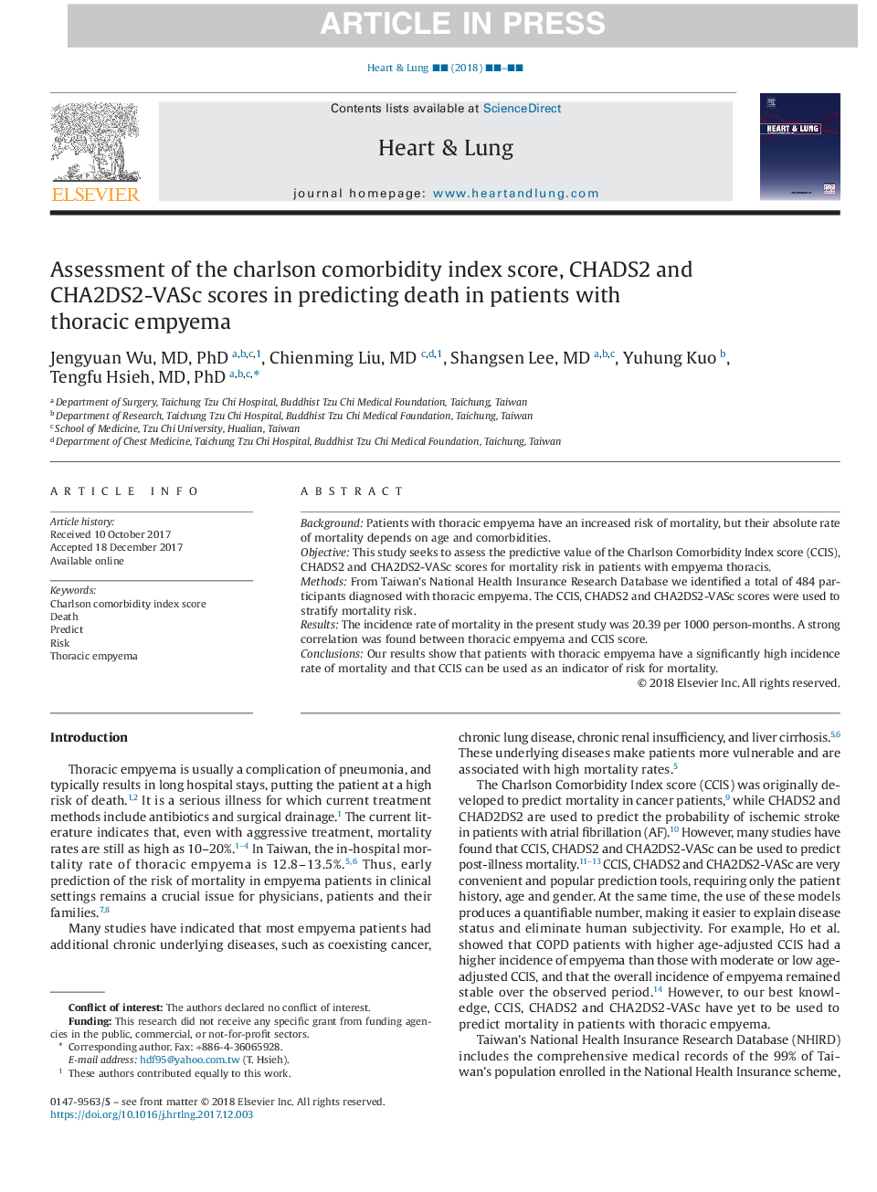 Assessment of the charlson comorbidity index score, CHADS2 and CHA2DS2-VASc scores in predicting death in patients with thoracic empyema