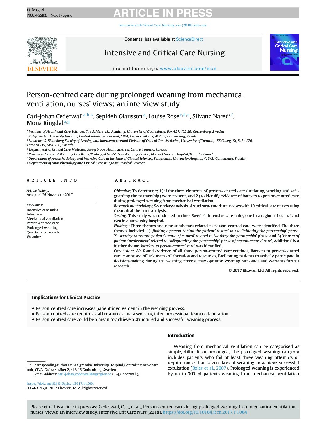 Person-centred care during prolonged weaning from mechanical ventilation, nurses' views: an interview study