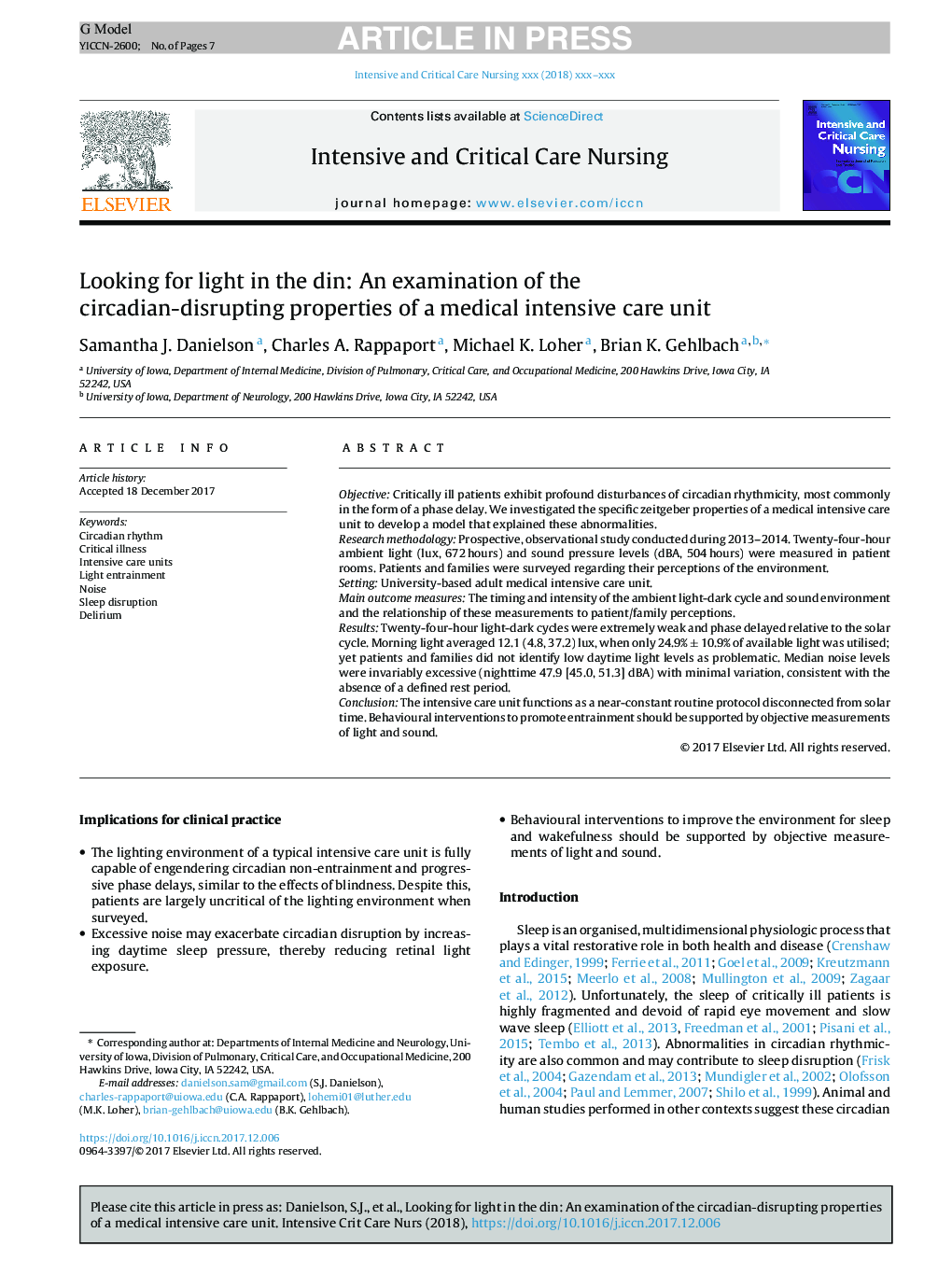 Looking for light in the din: An examination of the circadian-disrupting properties of a medical intensive care unit