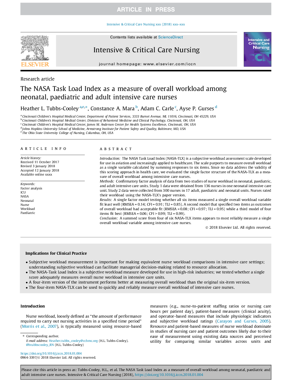 The NASA Task Load Index as a measure of overall workload among neonatal, paediatric and adult intensive care nurses