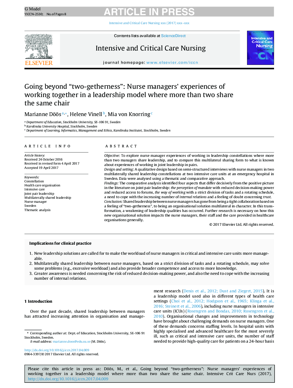 Going beyond “two-getherness”: Nurse managers' experiences of working together in a leadership model where more than two share the same chair